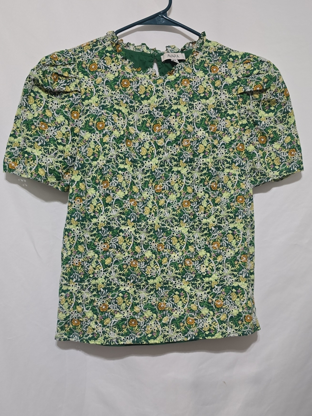 Avara Floral Ruffle Neck Puff Sleeve Blouse Top Green Yellow Medium